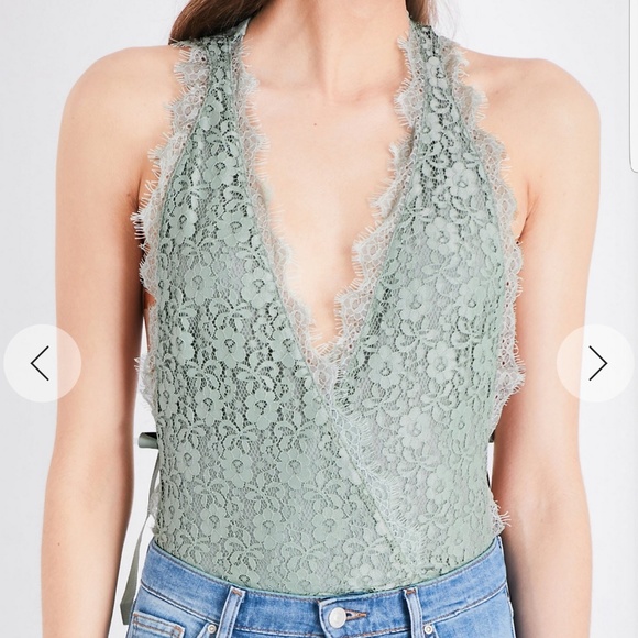 Topshop Tops - TopShop Low Plunge Green Lace BodySuit NWT